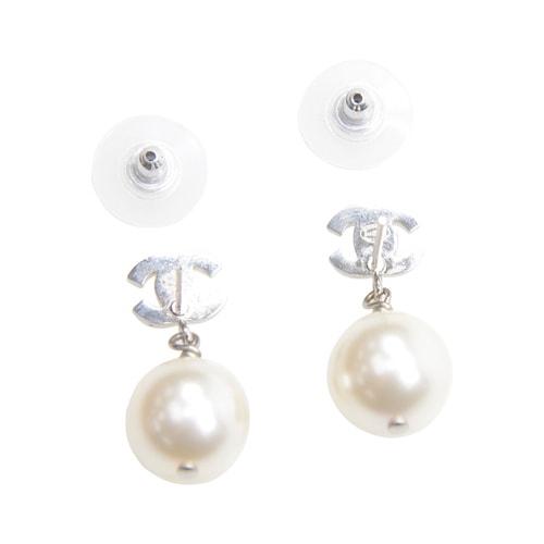 CHANEL/香奈兒 女士銀色雙C水鉆耳釘 耳墜 A36138