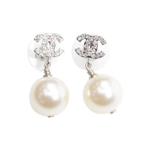 CHANEL/香奈兒 女士銀色雙C水鉆耳釘 耳墜 A36138